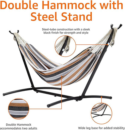 Amazon Basics Double Portable Hammock with Space Saving Steel Stand and Carrying Case, 2 Person, 470lb Capacity, Multi Color, 118" x 46" x 39"
