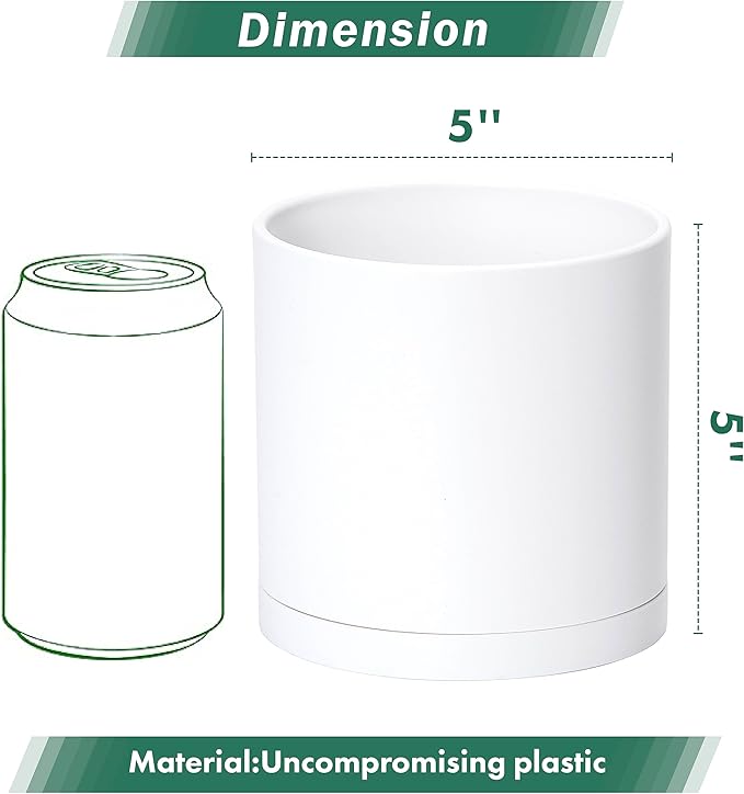 Planter Pots Set of 4, 5 Inch White Matte Plastic with Saucers