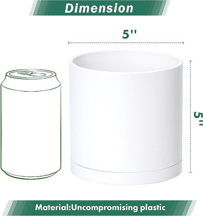 Planter Pots Set of 4, 5 Inch White Matte Plastic with Saucers