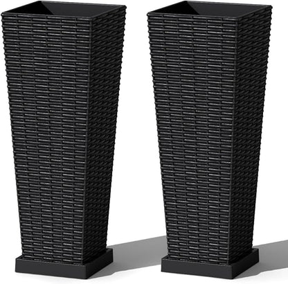 Greesum Set of 2 Tall Plastic Planters with Saucer, 24 Inch Large Pots with Drainage Trays, Weather-Resistant Plastic Plant Containers for Patio, Porch, Garden,Black