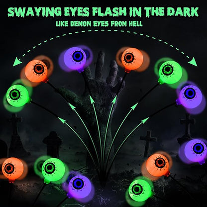 BrizLabs 6 Pack 36 LED Halloween Solar Eyeball Lights, 2 Modes Outdoor Halloween Pathway Lights, Solar Spooky Path Light Waterproof, Swaying Firefly Light for Yard Garden Lawn, Orange & Purple & Green