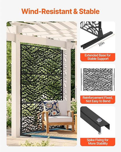 VEVOR Metal Privacy Screen, 47" W x 72" H, Outdoor Privacy Screens & Panels, Freestanding Outdoor Divider with Stand, 3-Panel Decorative Garden Steel Privacy Fence for Balcony Patio Indoor Room Black