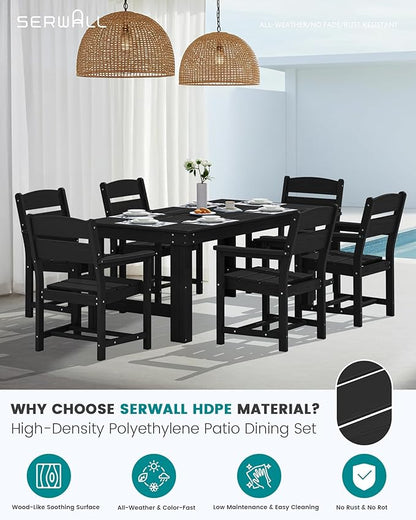 SERWALL Outdoor Dining Table Set, 67‘’ HDPE Patio Dining Set for 6, Wood-Like All-Weather Outdoor Table and Chairs Set for Lawn, Black