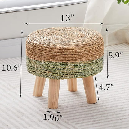 Wimarsbon Round Foot Stool Natural Seagrass Poufs Ottoman Hand Weave Footrest Stool for Couch Desk Extra Seat Step Stool with Solid Wood Legs for Hallway Patio Lounge Green
