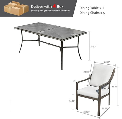 NATURAL EXPRESSIONS 7 Piece Patio Dining Table Outdoor Furniture Set for 6, 6Pcs Fixed Dining Chairs with Olefin Cushions, 65”Large Dining Table with Umbrella Hole