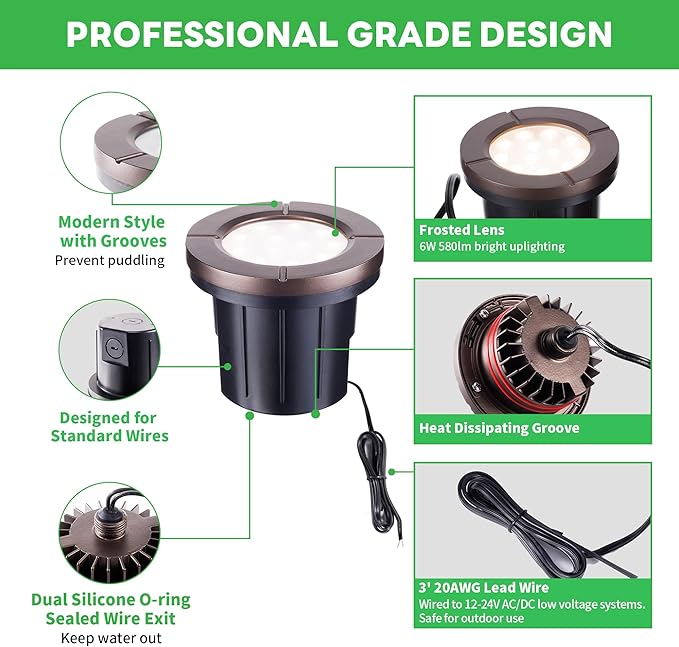 Landscape Well Light, LED Low Voltage In Ground Lights, IP67 Waterproof 12V Outdoor, Bright 6W 580LM Aluminum ORB for Sidewalk Driveway 6 Pack