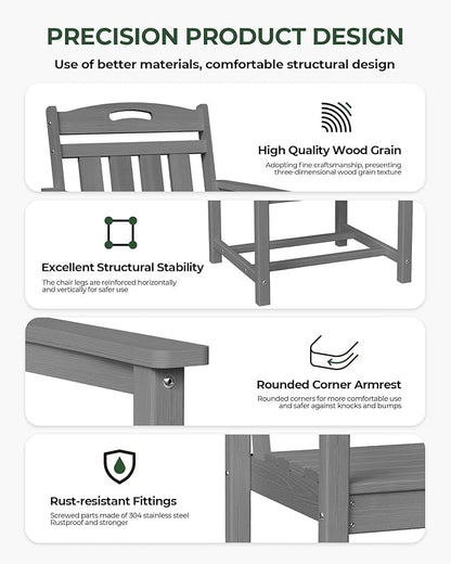 Patio Chairs Set of 2, HDPE Outdoor Dining Chairs with Wide Seat, All Weather Oversized Porch Chair for Garden, Backyard, Deck - Grey