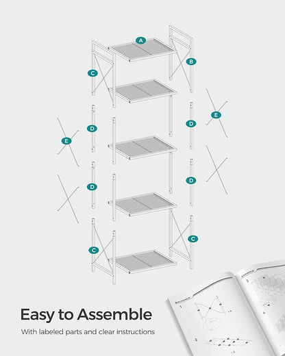 SONGMICS 5-Tier Metal Storage Rack, Shelving Unit with X Side Frames, Dense Mesh, 12.6 x 15.7 x 57.3 Inches, for Entryway, Kitchen, Living Room, Bathroom, Industrial Style, Ink Black UBSC145B01