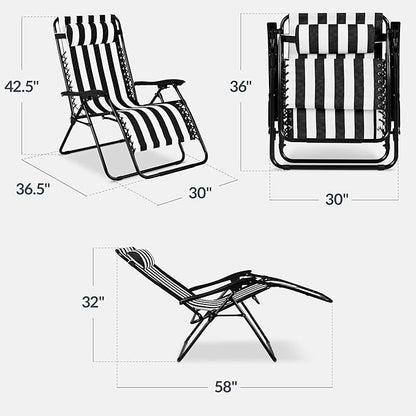 Best Choice Products Set of 2 Extra Wide Adjustable Steel Mesh Zero Gravity Lounge Chair Recliners w/Pillows and Cup Holder Trays - Black Stripes