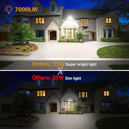 Onforu 75W Flood Lights Outdoor, 7000LM Brightness Security Lights Switch Controlled, 3 Adjustable Heads, IP65 Waterproof, 6500K Wall Mount Exterior LED Flood Light
