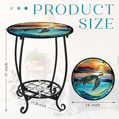 Outdoor Side Table Round Small Mosaic Patio Accent Indoor End Plant Coffee Tea Table for Yard Patio Porch Garden Living Room, Bedroom(Turtle Style,14 Inch)