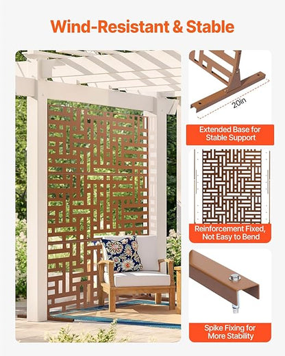 VEVOR Metal Privacy Screen, 36" W x 72" H, Outdoor Privacy Screens & Panels, Freestanding Outdoor Divider with Stand, 3-Panel Decorative Garden Steel Privacy Fence for Balcony Patio Indoor Room Brown