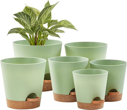 FaithLand 6-Pack Green Self Watering Planter Pots for Indoor Outdoor Plants - 8, 7, 6.5, 6, 5.5, 5 Inches Flower Pots