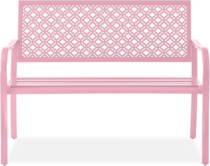 Best Choice Products Outdoor Bench 2-Person Metal Steel Benches Furniture for Garden, Patio, Porch, Entryway w/Geometric Backrest, 790lb Capacity - Pink