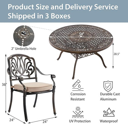 5-Piece Cast Aluminum Patio Furniture, Outdoor Dining Sets for 4 Include 54" Round Patio Dining Table and 4 Stackable Chairs with Cushions & Umbrella Hole (Bronze)