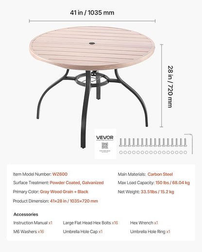 VEVOR Outdoor Patio Dining Table, 41 inch Round Wood-Like Steel Slat Backyard Bistro Coffee Tables for 4, with 1.5 in Umbrella Hole, Outside All-Weather Large Furniture for Lawn Garden Porch