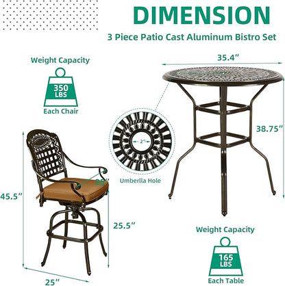 VIVIJASON 3-Piece Patio Swivel Bar Stools Set, All Weather Outdoor Cast Aluminum Bar Height Bistro Set with 2 Cushioned Bar Chairs & 35.4" High Bar Table w/Umbrella Hole for Backyard, Lawn, Garden