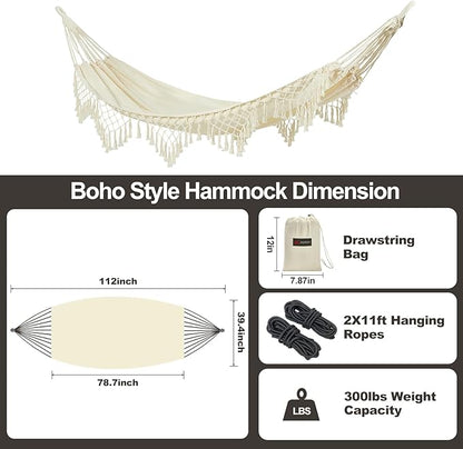 JoyView Boho Macrame Single Hammock with Hanging Ropes & Elegant Tassels 78.8x39.4 Portable Cotton Hammock for Patio Backyard Porch 300LBS Weight Capacity Perfect for Outdoor/Indoor - Beige Color