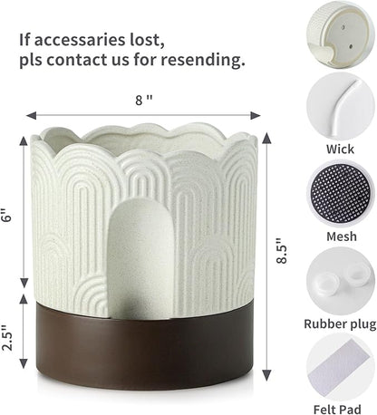 Nihow Self Watering Plant Pot: 8 Inch Ceramic Planter with Drainage Hole & Water Storage Plus - Relief Design Self Watering Pot for Indoor Plants - Beige & Brown Flower Pot