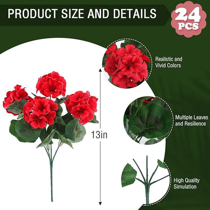 Artificial Geranium Flowers, Red Silk Blooms for Indoor and Outdoor Decor