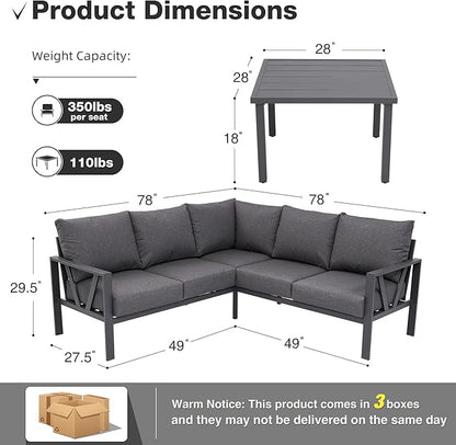 Patio Furniture Set, 6 Pieces Outdoor Couch Sectional, L Shaped Patio Sofa, Metal Patio Couch Sectional with Side Table, Outdoor Seating Conversation Set, Grey
