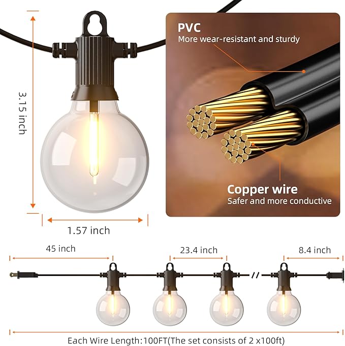 String Lights 200 FT Warm White G40 LED Outdoor, Black