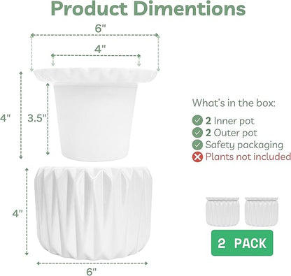 6 Inch African Violet Pots Self Watering, Ceramic Planter with Water Reservoir and Fill Lines, 4 Inch Opening, Indoor Flower Pot, Holds 3 Weeks of Water (2 Pack White)