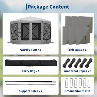 13x13FT 6-Sided Pop Up Gazebo Tent，One-Push Setup Canopy Tent with Removable Canopy Top & Wind Cloths, Outdoor shelter for Camping, Backyard Parties, Outdoor Events - Grey