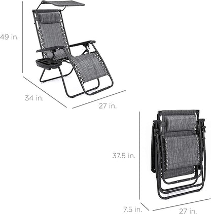 Best Choice Products Folding Zero Gravity Outdoor Recliner Patio Lounge Chair w/Adjustable Canopy Shade, Headrest, Side Accessory Tray, Textilene Mesh - Gray
