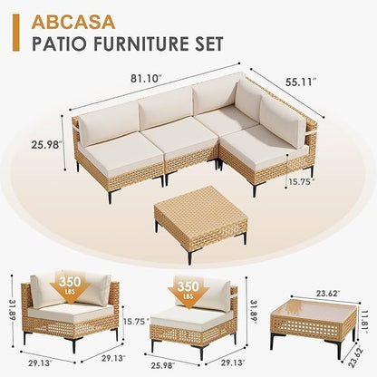 ABCASA Patio Furniture Set, 5-Piece Wicker Outdoor Patio Furniture Sets with Anti-Slip Cushions & Coffee Table,Boho Patio Conversation Set Sectional Sofa for Backyard,Porch,Beige
