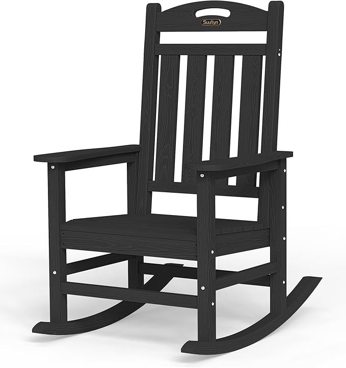 Rocking Chair, Outdoor HDPE Rocker in Black with 30-Inch High Back