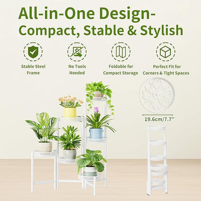 6 Tier Metal Plant Stand, 6 Potted Multiple Flower Pot Holder Shelf, Indoor&Outdoor Folding Planter Display Shelves for Patio Garden, Living Room, Corner Balcony, Bedroom - WhiteWave