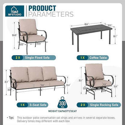 MFSTUDIO 7 Seats Large Metal Patio Conversation Sets, 6 Pieces Outdoor Furniture Sofa with 2 Motion Chairs, 2 Fixed Chairs, 1 Sofa(3-seat) and Table for Outside Balcony Backyard Poolside