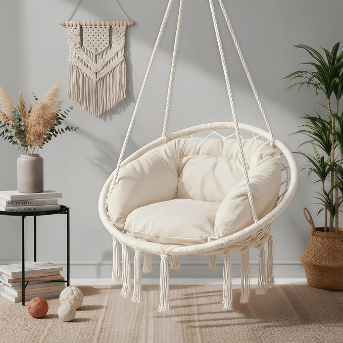 Macrame Hammock Chair in Beige with Large Cushion, 350 lb Max