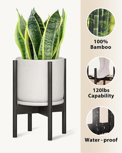 Adjustable Plant Stand Indoor, Bamboo Plant Stand Fits 8 9 10 11 12 Inches, Small Corner Planter Holder for Indoor Plants, Single Floor Plant Stands for Living Room Balcony, Pure Black