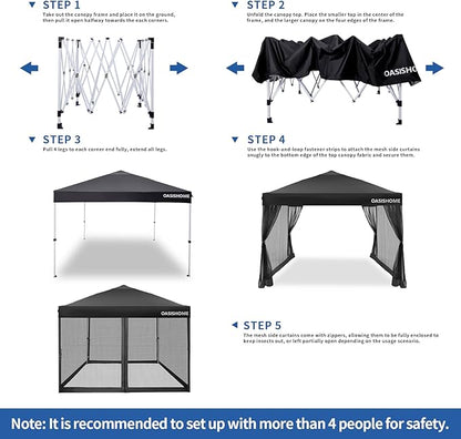 OASISHOME 10'x10' Pop-Up Gazebo Canopy Tent with Netting Sidewalls & Wheeled Bag,Weight Bag, Stakes, Ropes, Waterproof, UV Protection, Heavy-Duty Steel Frame for Backyard/Outdoor/Parties(Black)