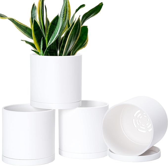 Planters 4 Pack 6.5 Inch Matte White Plastic Pots with Saucers