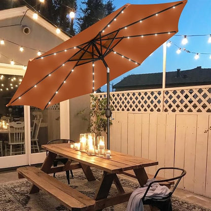 Blissun 9 ft Solar Umbrella with 32 LED Lights for Garden, Deck, Backyard (Rust)