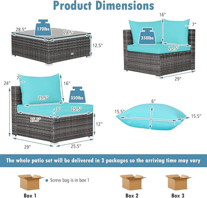 Tangkula 7 Pieces Wicker Patio Furniture Set, All-Weather Outdoor Rattan Sectional Sofa Set with Cushions & Tempered Glass Coffee Table, Outside Sofa Set for Garden, Lawn, Deck, Backyard (Turquoise)