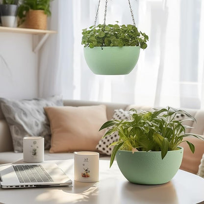 T4U 8 Inch Hanging Planter for Indoor Plants, 2 Pack Small Pots with Drainage Holes, Flower Basket Plant Holder for Home, Green