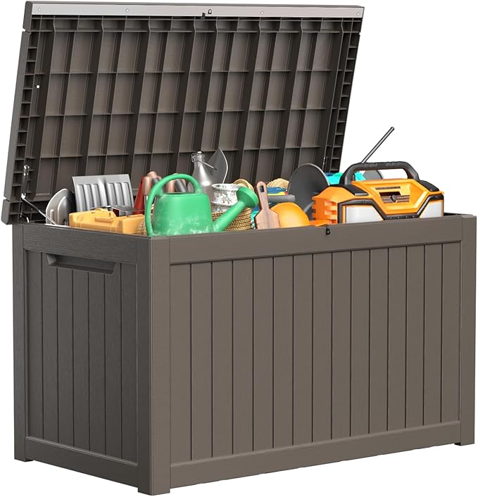 Grey Resin Deck Box, 280 Gallon Lockable Outdoor Storage