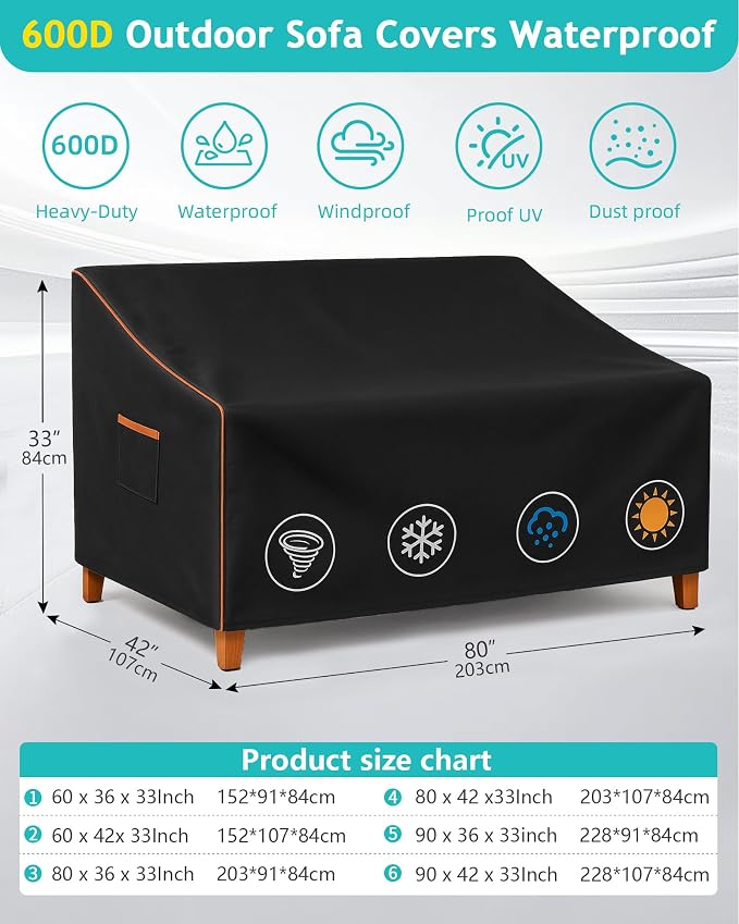 Sofa Cover for Patio, Waterproof 600D Oxford, Black, 80 x 42 x 33 In