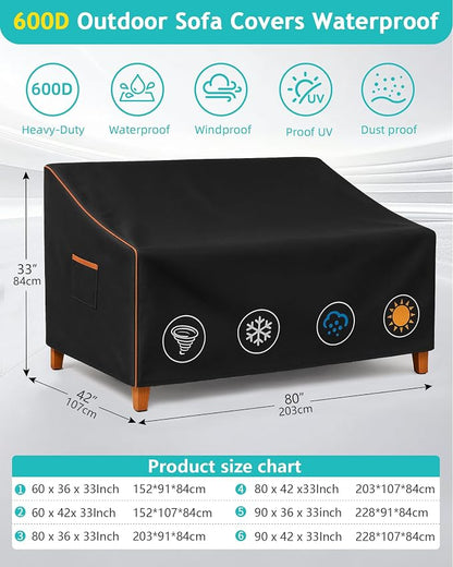 Sofa Cover for Patio, Waterproof 600D Oxford, Black, 80 x 42 x 33 In