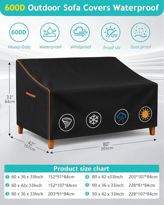 Sofa Cover for Patio, Waterproof 600D Oxford, Black, 80 x 42 x 33 In