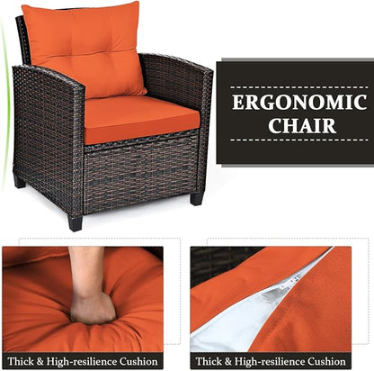 Tangkula 3 Pieces Patio Furniture Set, PE Rattan Wicker 3 Pcs Outdoor Sofa Set w/Washable Cushion and Tempered Glass Tabletop, Conversation Furniture for Garden Poolside Balcony (Orange)