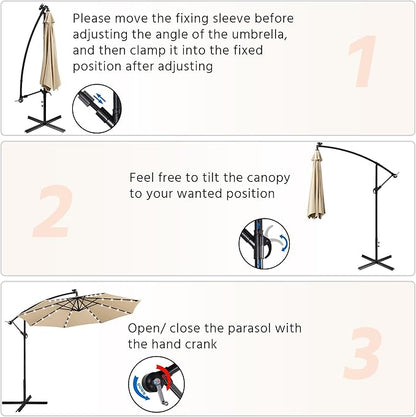 Yaheetech 10FT Solar Offset Umbrella with 32 LED Lights Cantilever Hanging Outdoor Umbrellas Handy Crank & Cross Base for Lawn/Deck/Backyard/Pool Tan