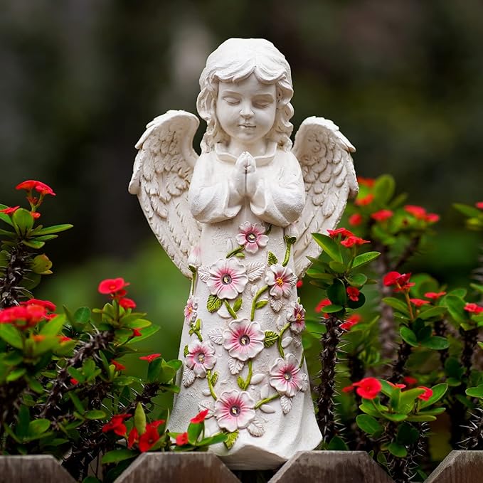 Nacome Garden Outdoor Statues Angel with Succulent and 7 LED Lights – Lawn Decor for Patio, Balcony, Yard Ornament - Chrismtas Gifts for Mom Grandma