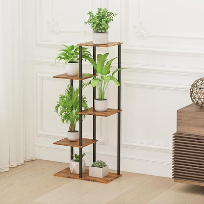 Plant Stand Indoor 5 Tier 6 Potted Metal Wood Plant Shelf, Multiple Flower Pots Corner Tall Plant Holder Stands for Living Room Balcony Bedroom, Rustic Brown