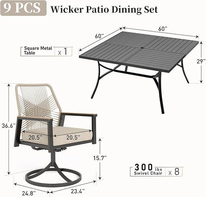 Patio Dining Set 9 Piece, 8 x Woven Rattan Swivel Chairs with Waterproof Cushion, 60" Square Metal Dining Table with Umbrella Hole, Outdoor Table and Chairs Set for Backyard Lawn and Deck, Beige