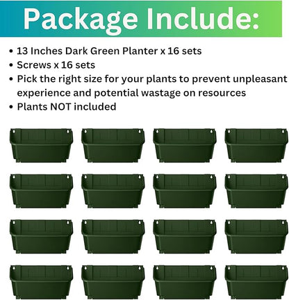 Maxona Vertical Garden Planter - 16 Pack, 13 inch Wall Mounted Planters for Patio Outdoor Decor, Home Green Plastic Balcony Pot, Plant Vegetable Fruit Herb Hanging Pocket Holder Flowerpot